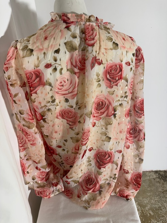 Sheer Rose-Print Blouse in Pink and Cream - Women's Floral Top - Picture 6 of 8